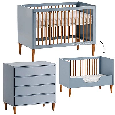Conjunto Luny - Berço 2 Em 1 + Cômoda 3 Gavetas - Azul Com Nogueira