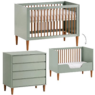 Conjunto Luny - Berço 2 Em 1 + Cômoda 3 Gavetas - Verde Jade Com Nogueira