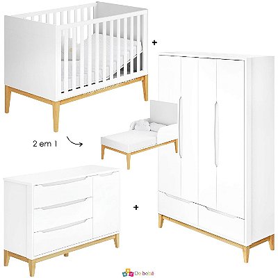 Quarto Completo Amor Perfeito - Berço 2 Em 1 + Cômoda Com Porta + Guarda-Roupa 4 Portas - Branco