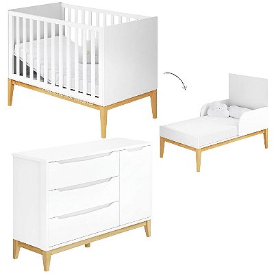 Conjunto Amor Perfeito - Berço 2 Em 1 + Cômoda Com Porta - Branco Com Nature