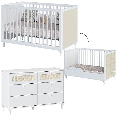 Conjunto Fofura - Berço 2 Em 1 + Comoda 6 Gavetas - Branco Com Rattan