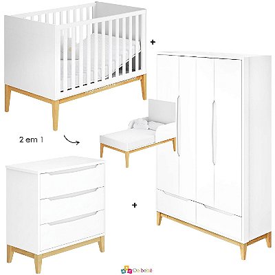 Quarto Completo Amor Perfeito - Berço 2 Em 1 + Cômoda 3 Gavetas + Roupeiro 3 Portas - Branco Com Nature