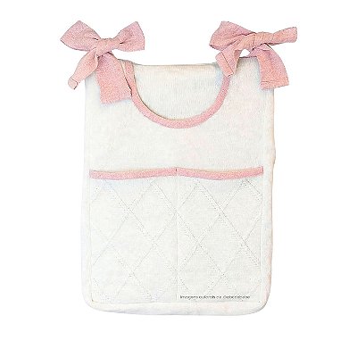 Porta-Treco em Tricô Branco - Trama Losango - Rosa Baby