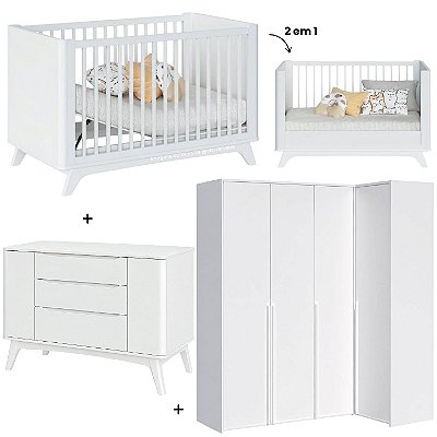 Quarto Completo Sambalelê - Berço 2 Em 1 + Cômoda 2 Portas + Roupeiro Modulado 4 Portas - Branco