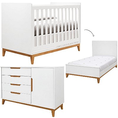 Conjunto Nordic - Berço 2 Em 1 + Cômoda Com Porta - Branco/Mel