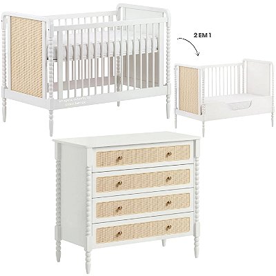 Conjunto Solene - Berço 2 Em 1 + Cômoda 4 Gavetas - Com Ratan - Branco