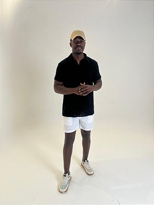 Bata Manga Curta de Algodão Rústico Preta