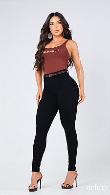 Calça Jeans Preta Skinny  Com Cinto e Elastano