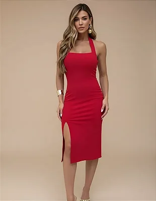 Vestido Midi Com Fenda Frente Unica