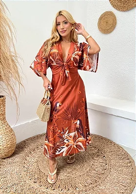 Vestido Estampado Com Manga Maxi Midi