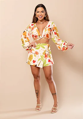 Conjunto Cropped E Short Saia Estampado Verão