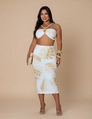 Conjunto Saia Midi E Cropped Estampado