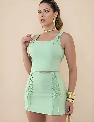 Conjunto Short Saia e Cropped Em Linho