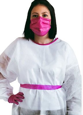 Avental Descartável Branco c/ Detalhe Rosa Manga Longa - NC