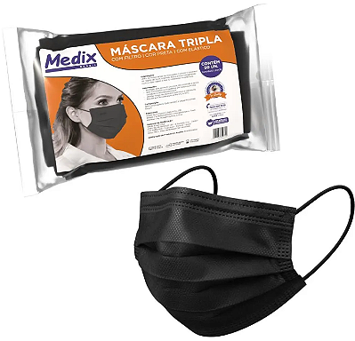 Máscara Cirúrgica Descartável Tripla c/ Elástico Preta - Medix