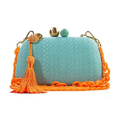 Bolsa De Mão Clutch Festa Casamento Formatura Azul e Corrente Laranja