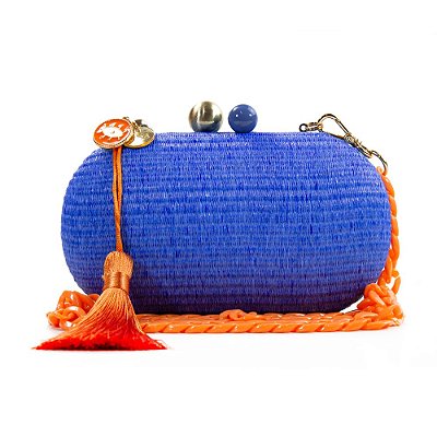 Bolsa De Mão Clutch Festa Casamento Formatura Azul e Corrente Laranja