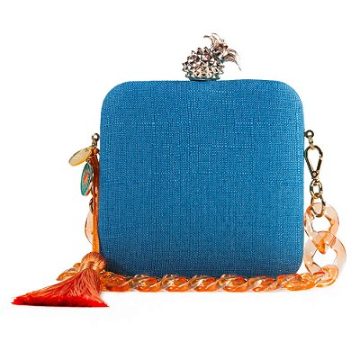 Bolsa de Mão Clutch Festa Casamento Formatura Azul e Corrente Laranja