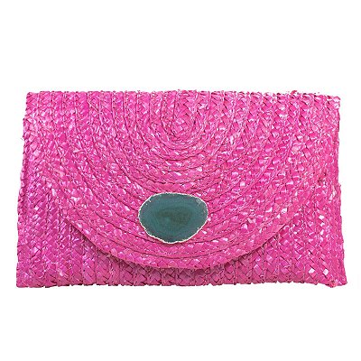 Bolsa de Mão Carteira Clutch Envelope de Palha Rosa Pink Top