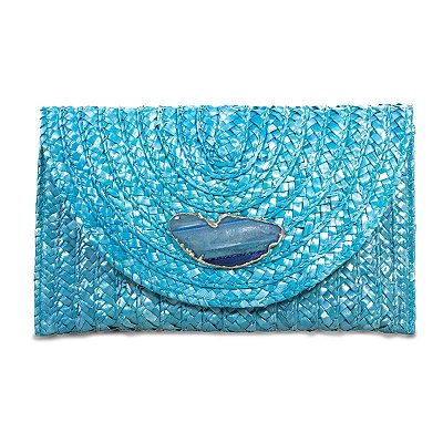 Bolsa de Mão Carteira Clutch Envelope de Palha Azul Luxo