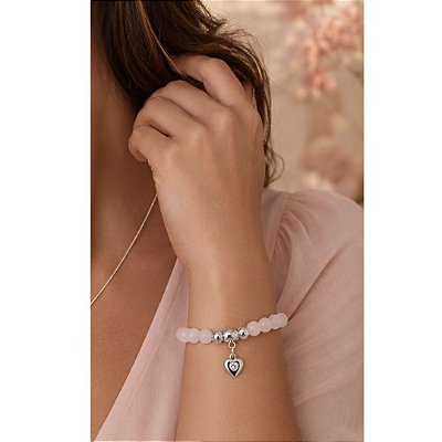 Pulseira com Pedras Naturais Quartzo Rosa Pingente Coração