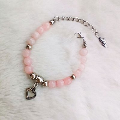 Pulseira com Pedras Naturais Quartzo Rosa Pingente Coração