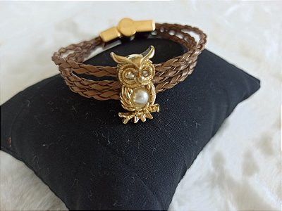 Pulseira Feminina Couro Trançado Berloque Coruja