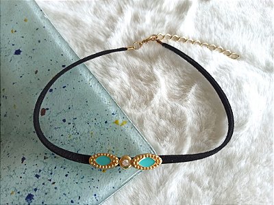 Choker de Camurça Berloques Turquesa e Strass