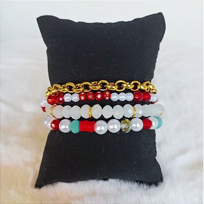 Pulseira Boho 4 Camadas Pérolas Cristais e Corrente