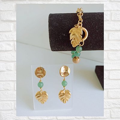 Conjunto Brinco e Pulseira de Quartzo Verde