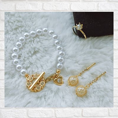 Mix Pulseira, Brinco e Anel de Pérolas
