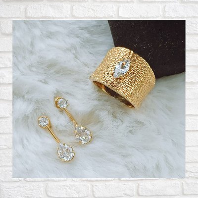 Brinco e Anel com Zircônia Folheados à Ouro 18K