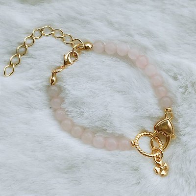 Pulseira Quartzo Rosa Coração e Trevo de Quatro Folhas