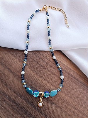 Colar Choker Cristais Pingente Pérola