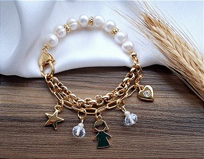 Pulseira de Pérolas Naturais e Correntes Pingente Filha Coração Estrela