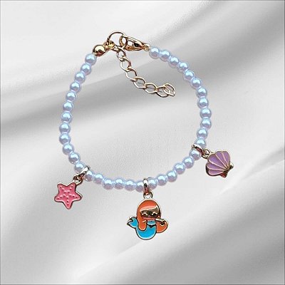 Pulseira Infantil de Pérolas Pingente Pequena Sereia