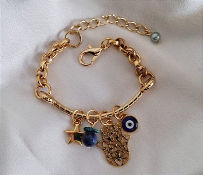 Pulseira com Pingentes de Proteção Olho Grego, Mão de Fátima e Pedra Sodalita