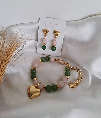 Conjunto de Brinco e Pulseira com Quartzo Verde e Quartzo Rosa