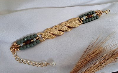 Pulseira com Design de Folhas , Contas Verdes , Pérola e Madeira