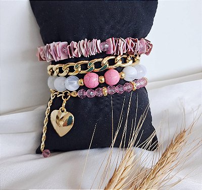 Mix de Pulseiras Rosa Pingente Coração