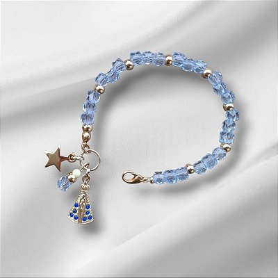 Pulseira de Cristais Azul com Pingente Nossa Senhora Aparecida e Estrela | Coleção Fé