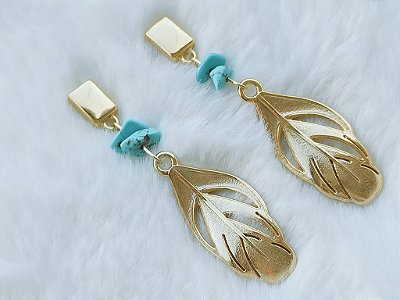 Brinco Longo Design Folha e Pedras Turquesa