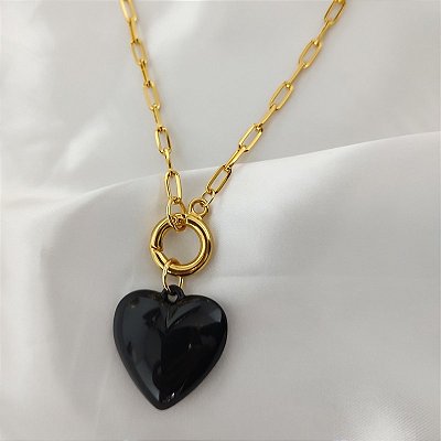 Colar coração coração Preto Graci Folheado em ouro