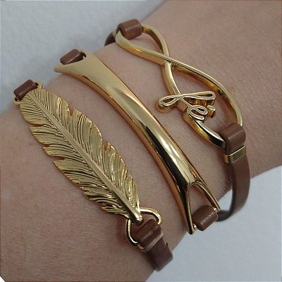 Mix de Pulseiras Douradas (courino Marrom) - Fé e Vida Próspera -