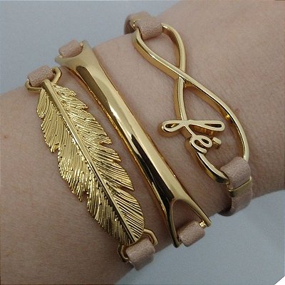 Mix de Pulseiras Douradas (courino Bege) - Fé e Vida Próspera -