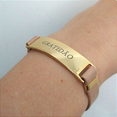 Pulseira Dourada (courino Bege) Gratidão