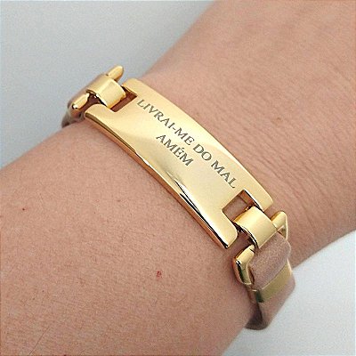 Pulseira Dourada (courino Bege) Livrai-Me do Mal