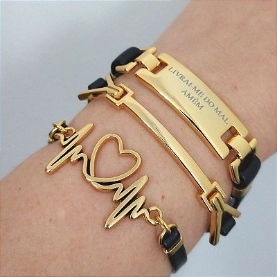 Mix Pulseiras douradas (courino Preto)Livrai-me do Mal-