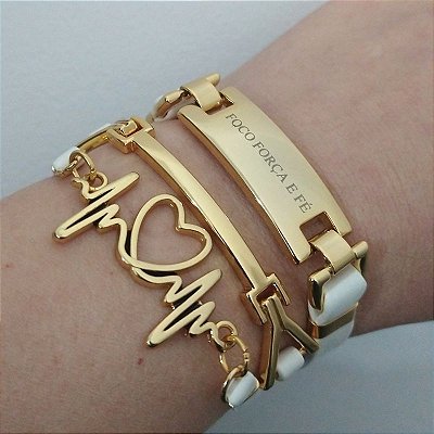 Mix pulseiras douradas (courino Branco) Pulsação+ Foco-