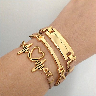 Mix pulseiras douradas (courino Bege) Pulsação+ Foco-